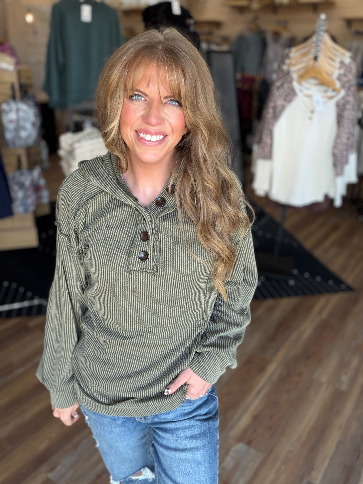Strong-Willed Rib Button Hooded Long Sleeve