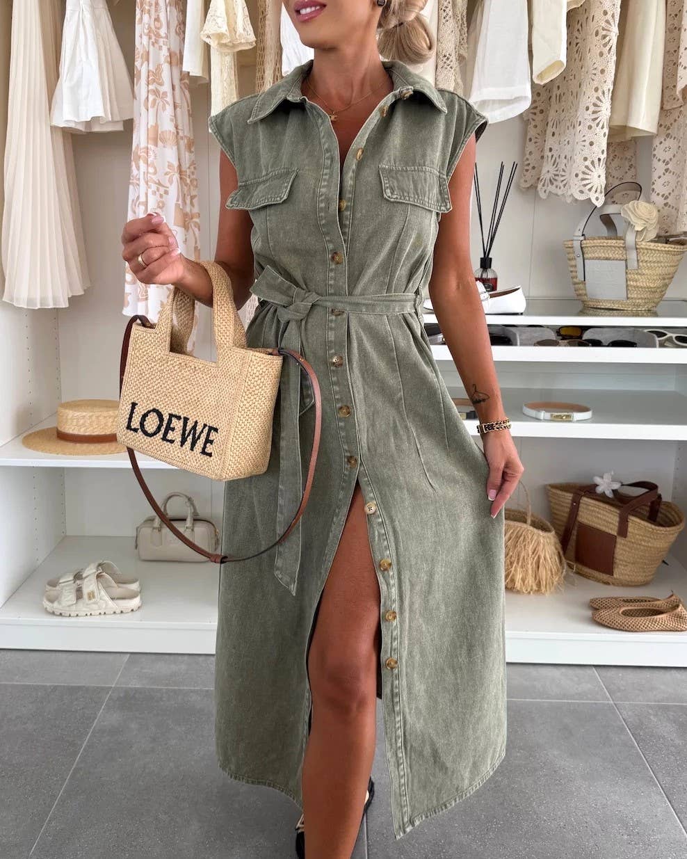 Denim Sleeveless Button Down Belted Dress