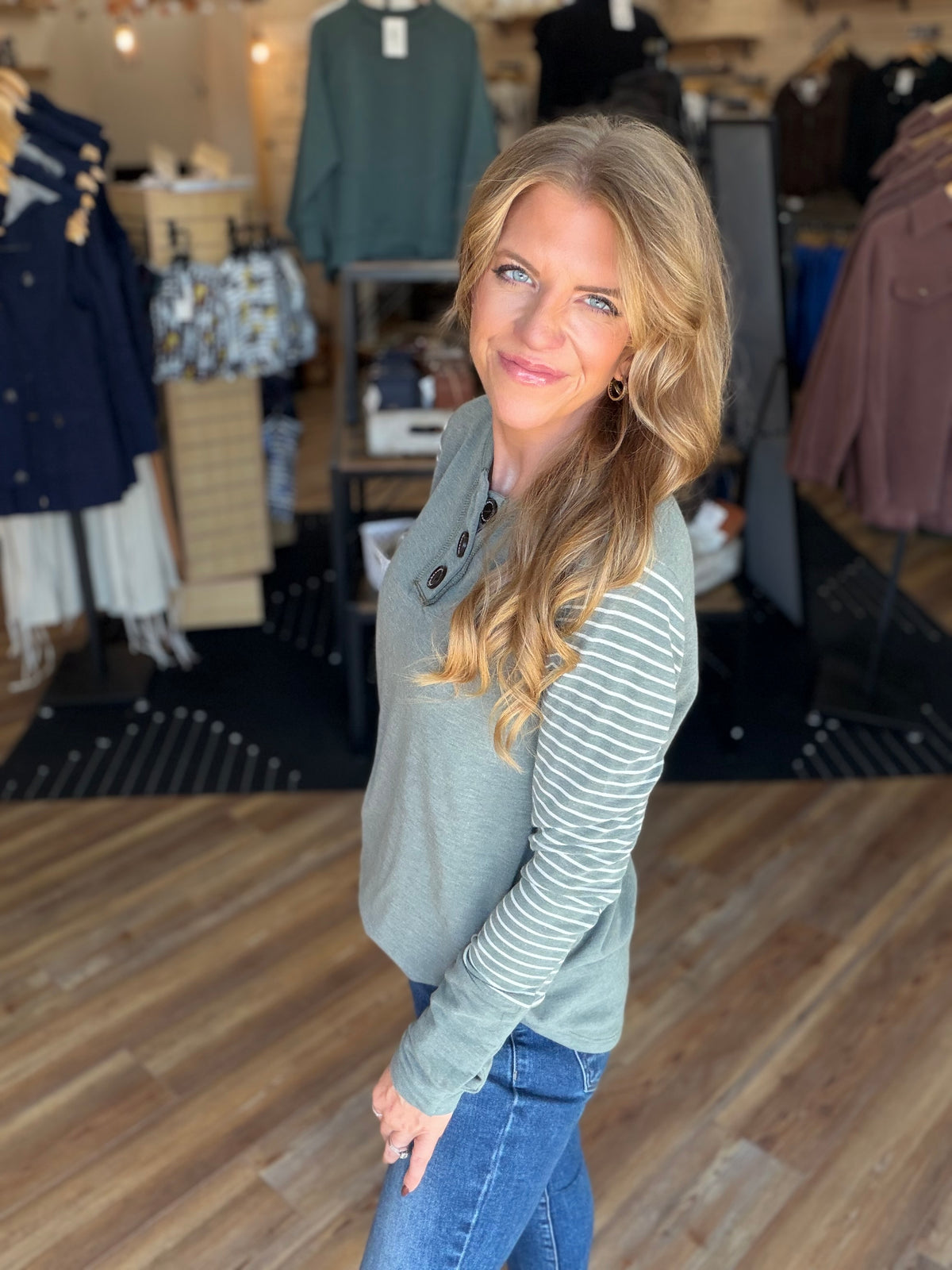 Big Button Stripe Long Sleeve