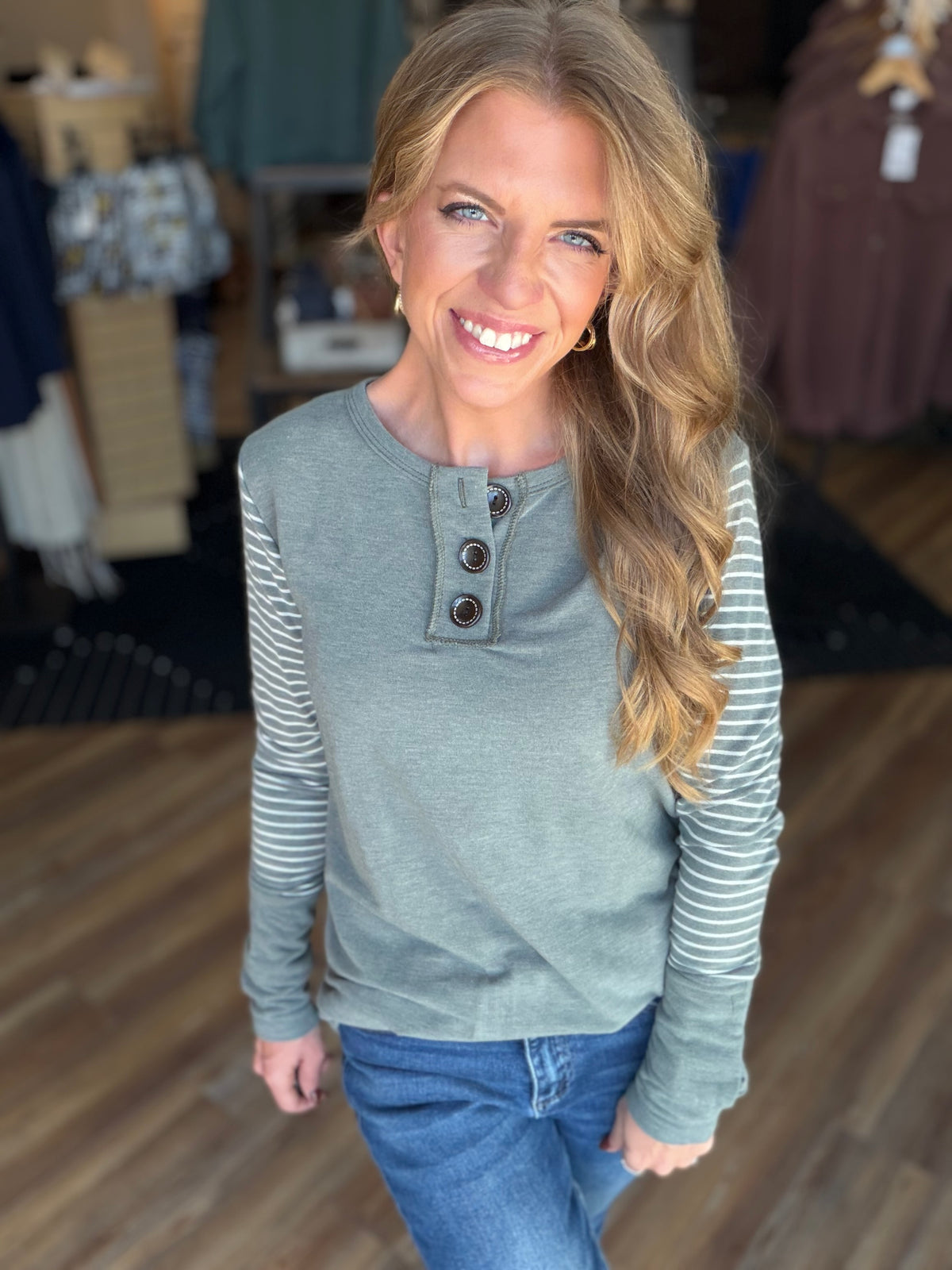 Big Button Stripe Long Sleeve