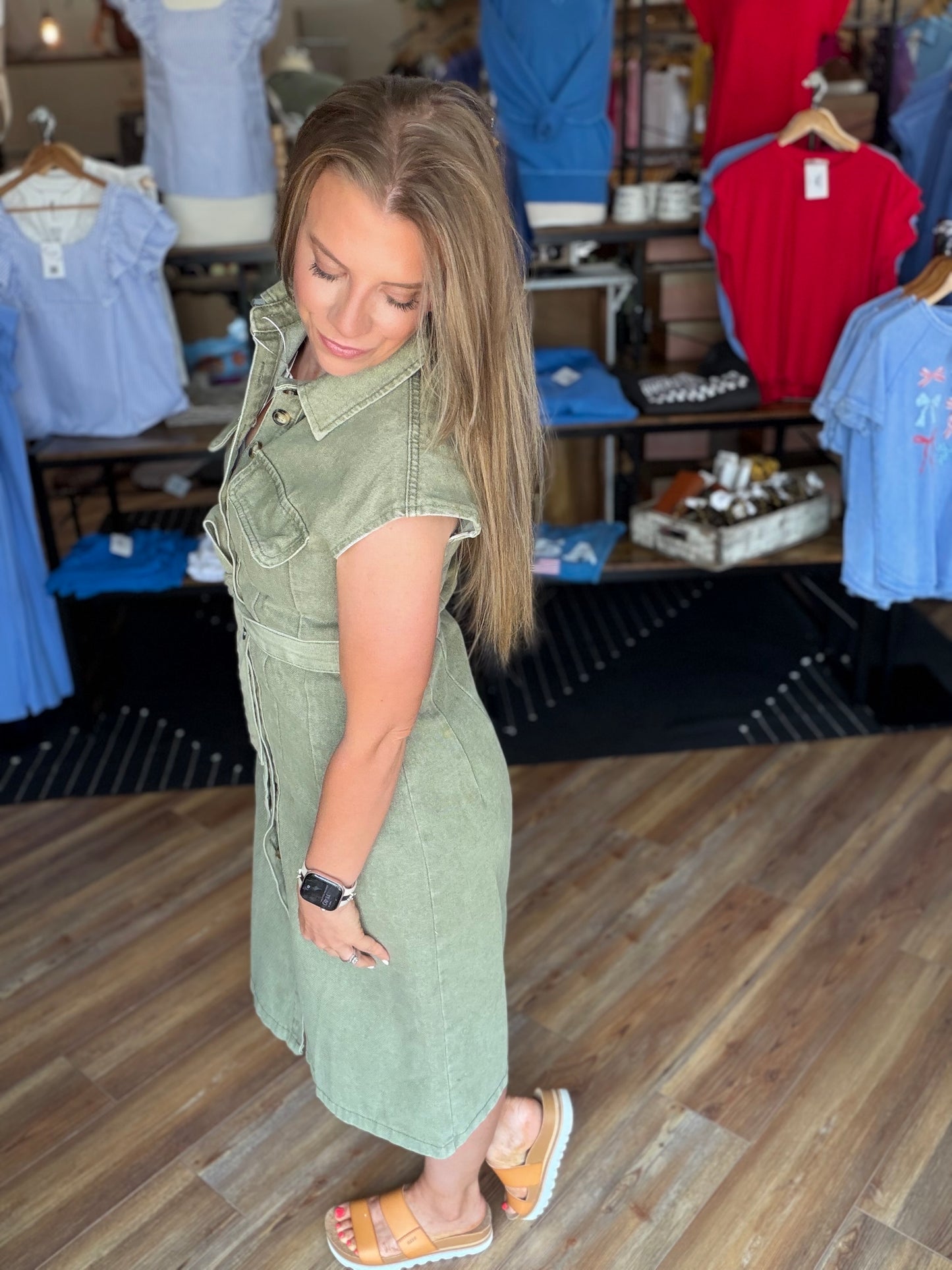 Denim Sleeveless Button Down Belted Dress
