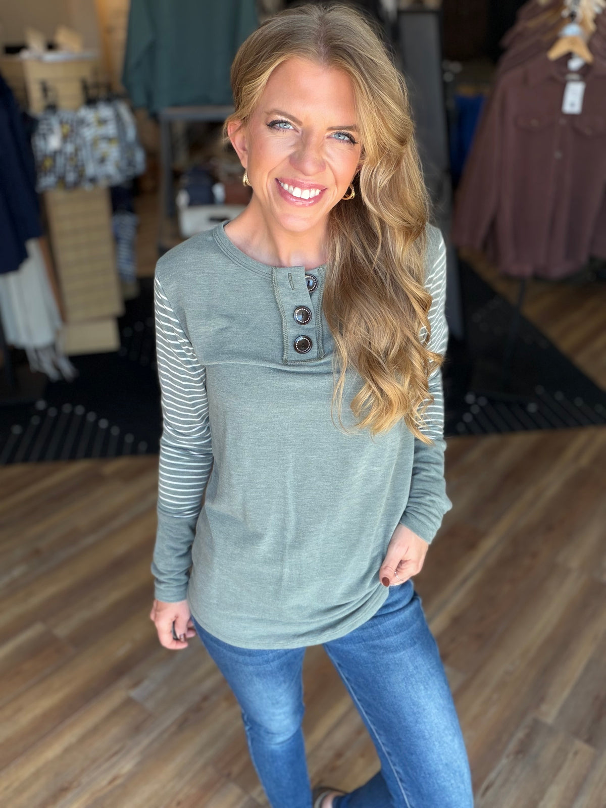 Big Button Stripe Long Sleeve