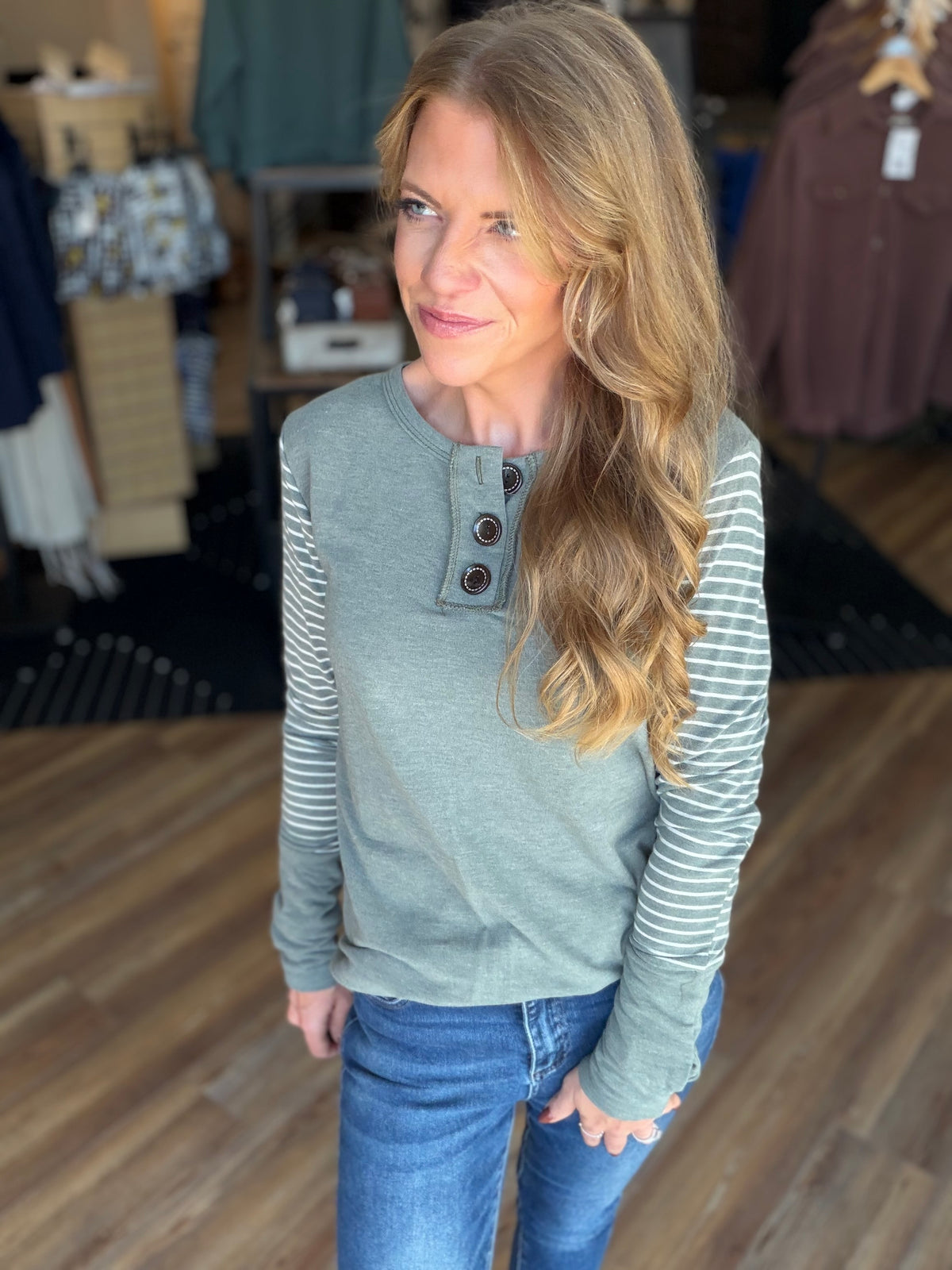 Big Button Stripe Long Sleeve