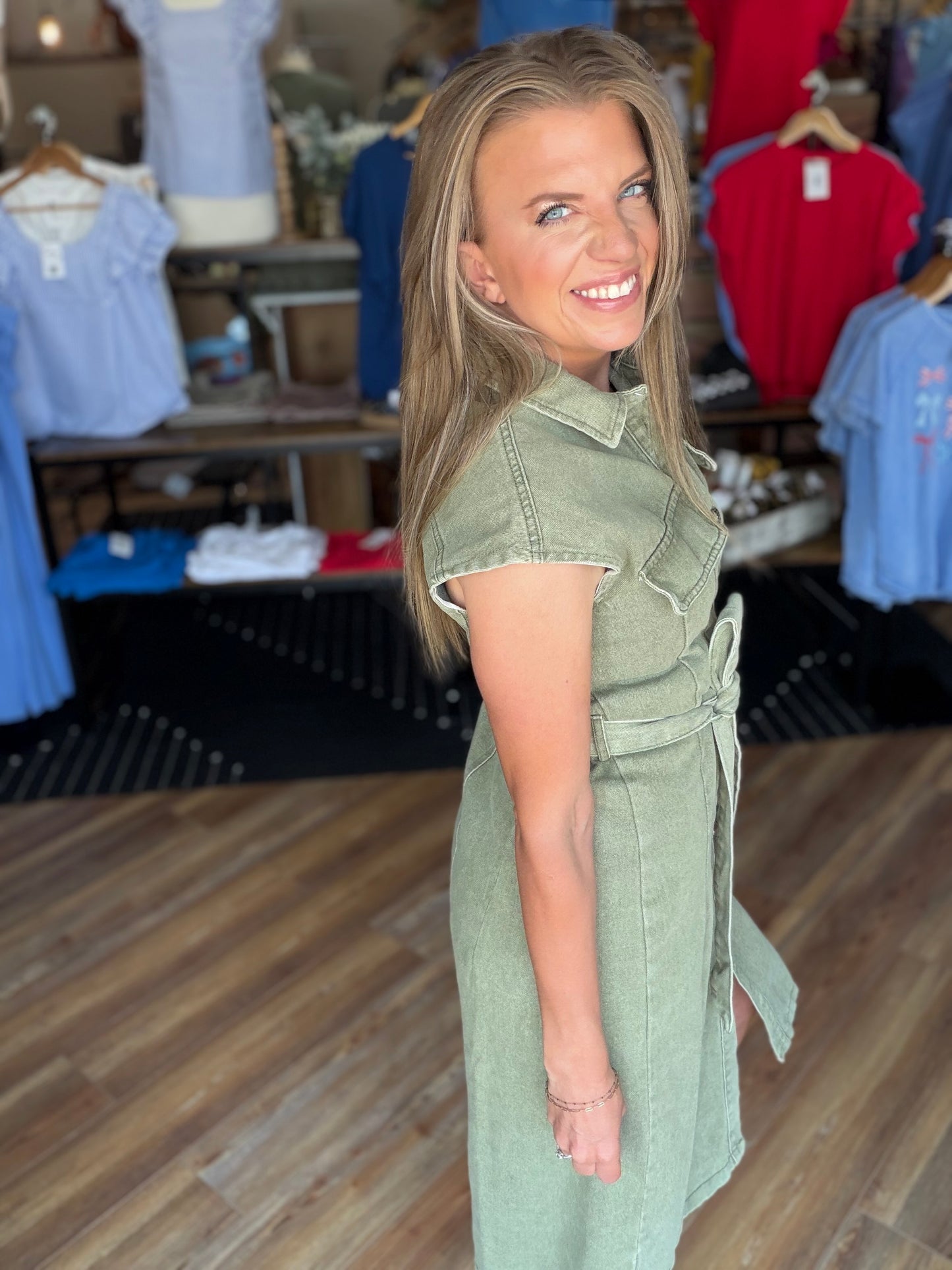 Denim Sleeveless Button Down Belted Dress