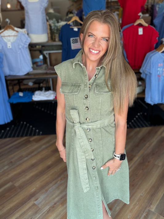 Denim Sleeveless Button Down Belted Dress