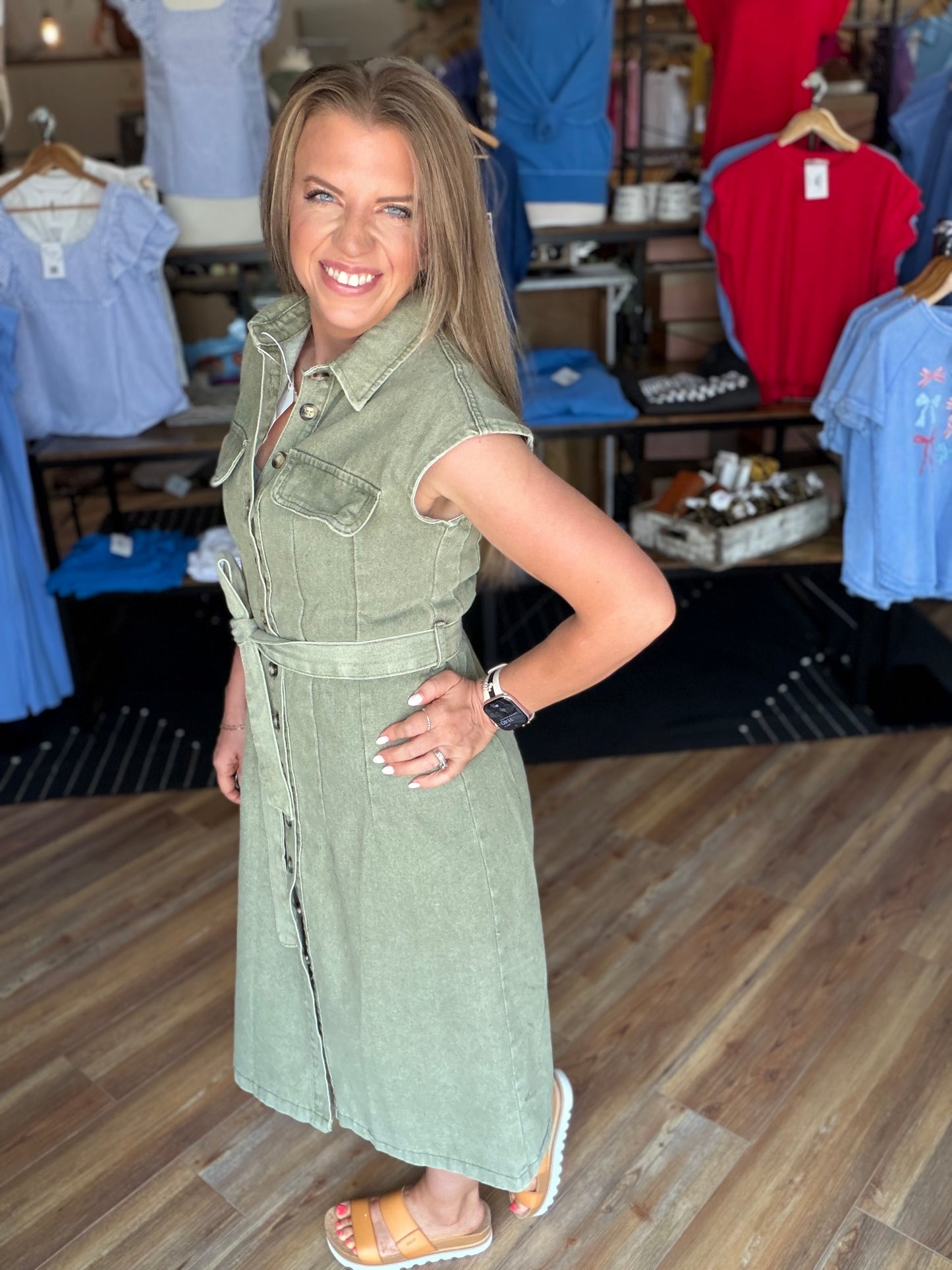 Denim Sleeveless Button Down Belted Dress
