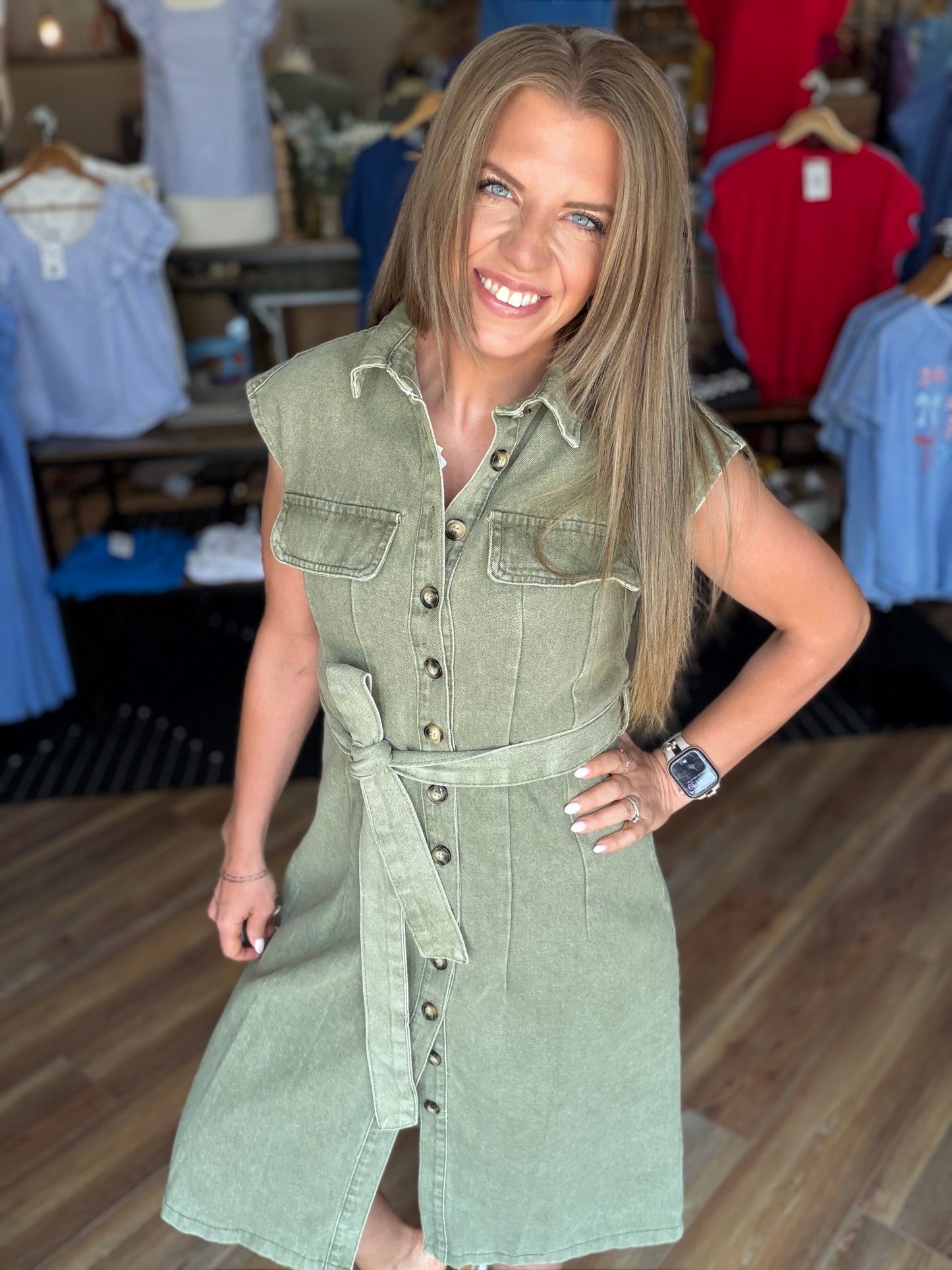 Denim Sleeveless Button Down Belted Dress