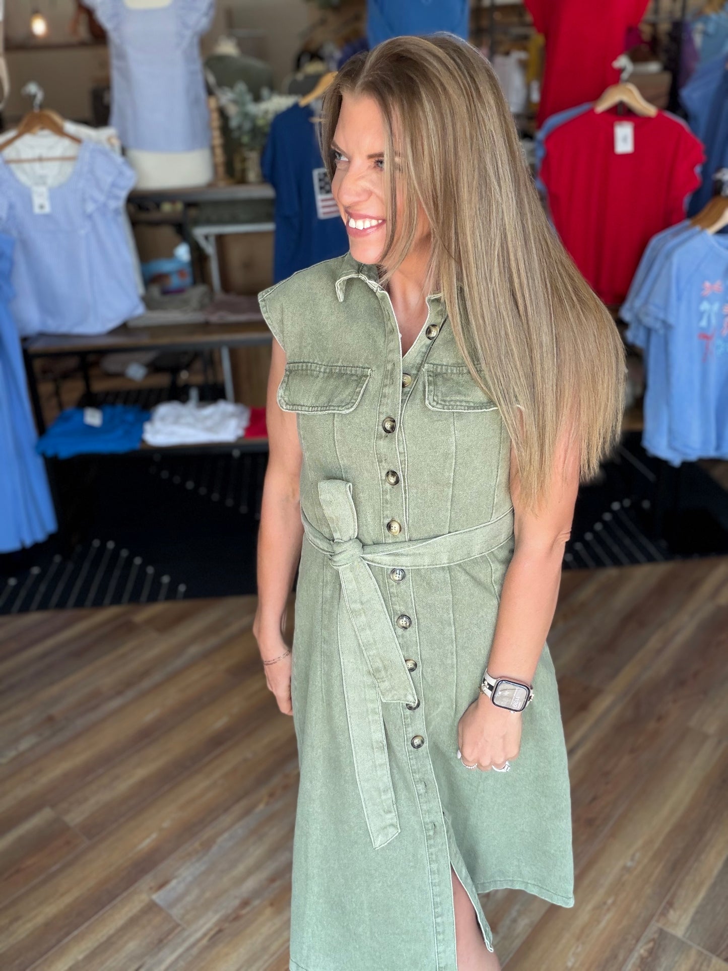 Denim Sleeveless Button Down Belted Dress