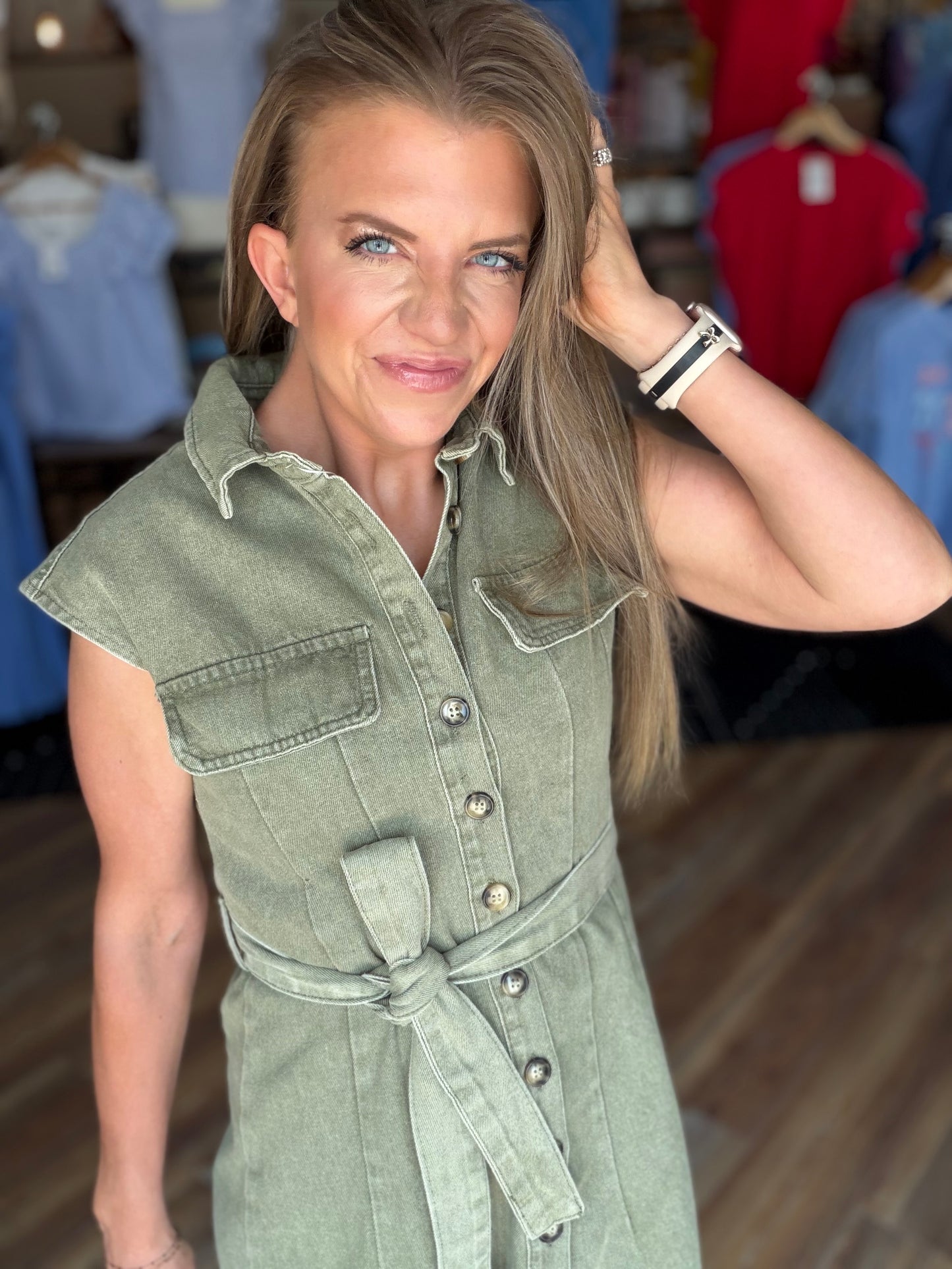 Denim Sleeveless Button Down Belted Dress