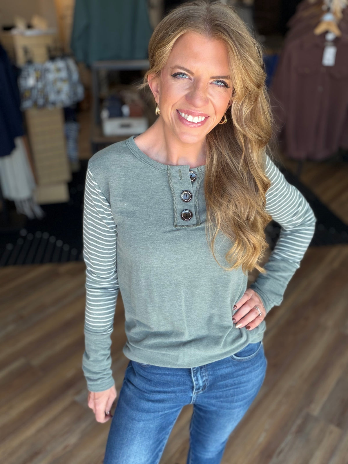 Big Button Stripe Long Sleeve