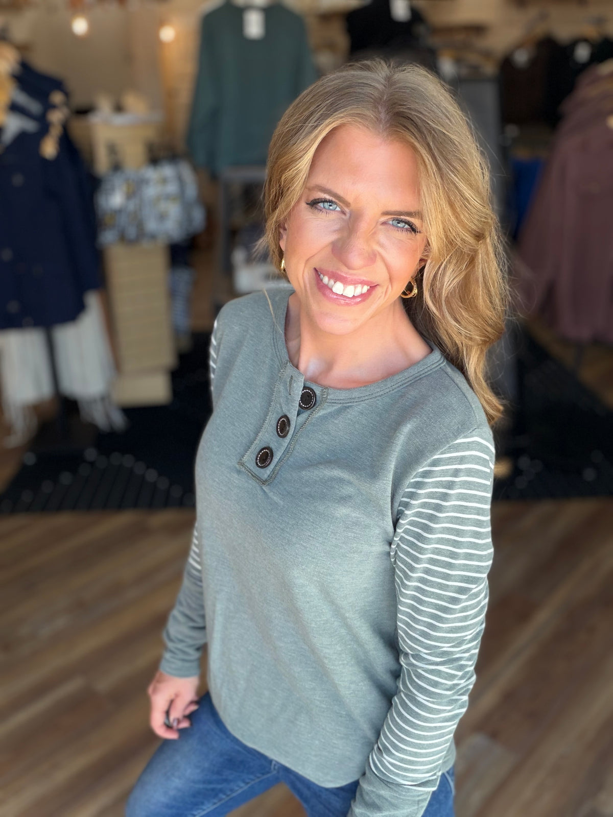 Big Button Stripe Long Sleeve
