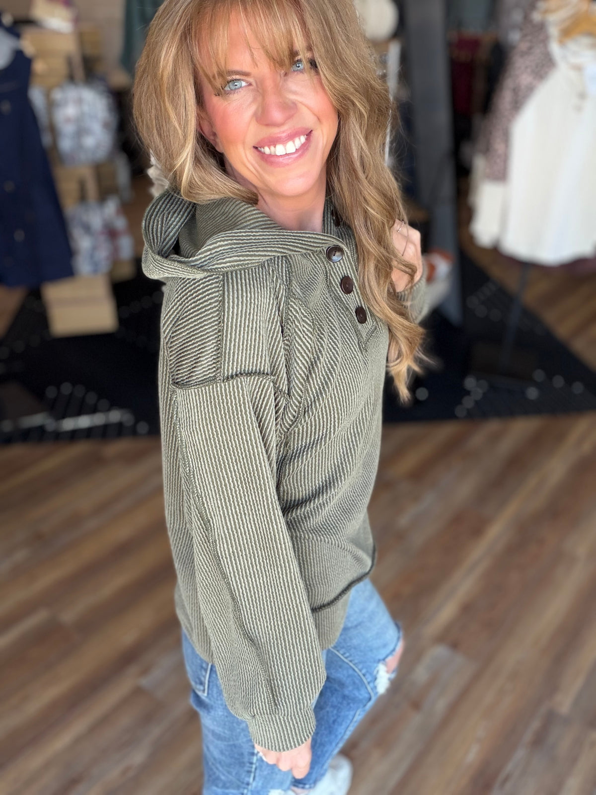 Strong-Willed Rib Button Hooded Long Sleeve