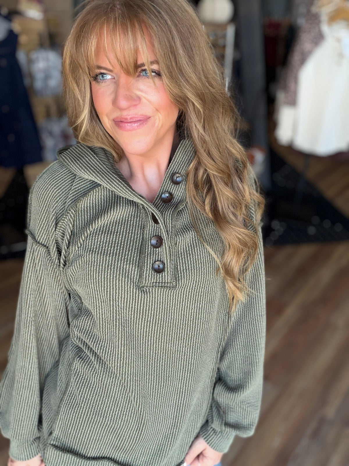 Strong-Willed Rib Button Hooded Long Sleeve